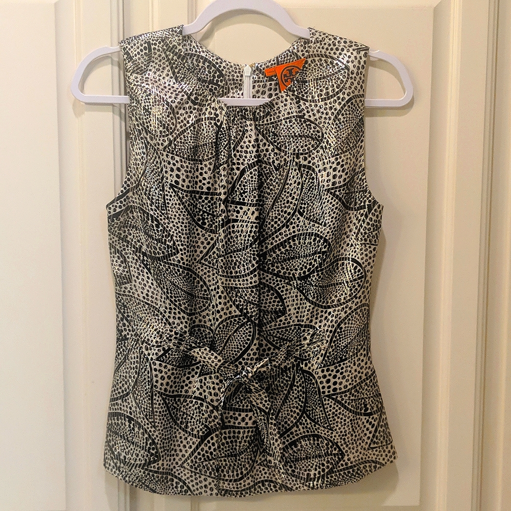 Tory Burch Silk Top Tie Front Silver, Size 4